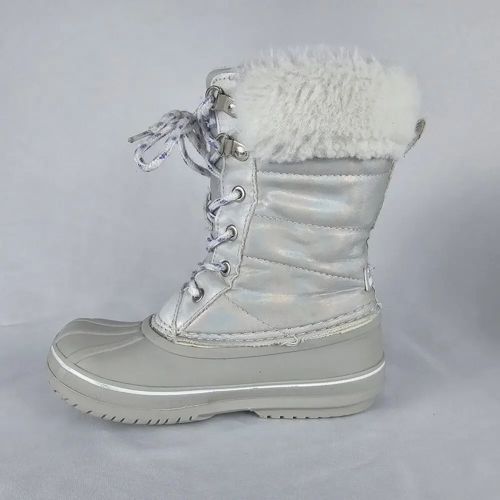 London Fog Girls Bell Court Winter Snow Boots Silver Iridescent Faux Fur Size 12